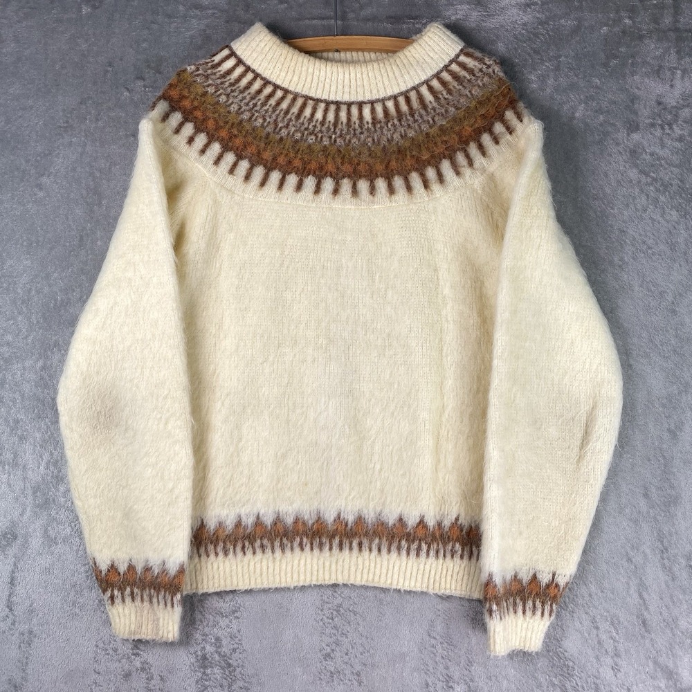 Vintage 60s Sears Sweater Mens Size M Cream Mohair Nordic Fair Isle Fuzzy *READ*